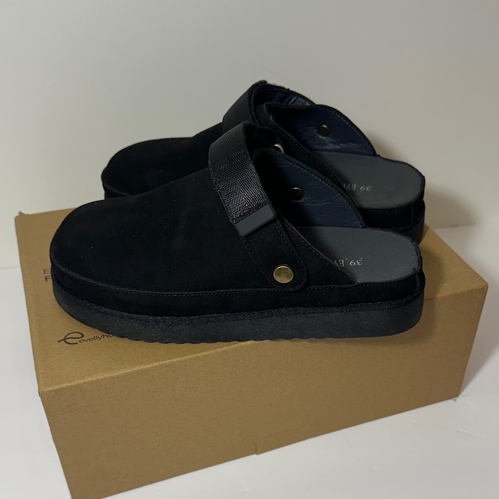 New black suede clogs